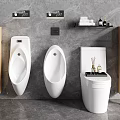 Modern White Urinals In Bathroom With Grey Marble Wall Toilet Shelf And Wooden Dividers