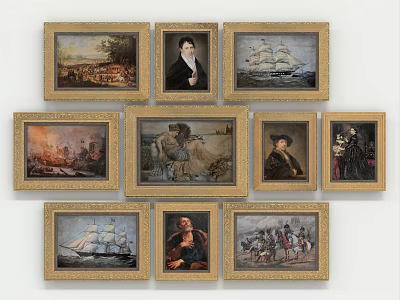 Framed Oil Paintings with Golden Frames Multiple Pieces Featuring Landscape Portrait And Ship Scenes 3d model