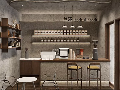 Cozy Milk Tea Shop Interior With Bar Counter Coffee Machine And Wooden Shelves 3d model