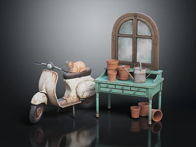 Vintage Scooter With Cat On Seat Near Teal Table Clay Pots Kettle And Arched Window 3d model