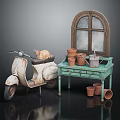 Vintage Scooter With Cat On Seat Near Teal Table Clay Pots Kettle And Arched Window