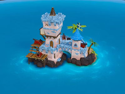 Cartoon Scene Featuring Castle Tower Wooden Structures Palm Trees And Blue Ocean 3d model