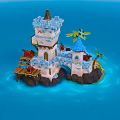 Cartoon Scene Featuring Castle Tower Wooden Structures Palm Trees And Blue Ocean