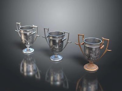 Three Elegant Trophies with Silver Gold Handles Engraved Details and Reflective Bases on Black Surface 3d model