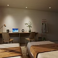 Hotel Guest Room Interior With Twin Beds Green Walls Window Curtains And Shelf