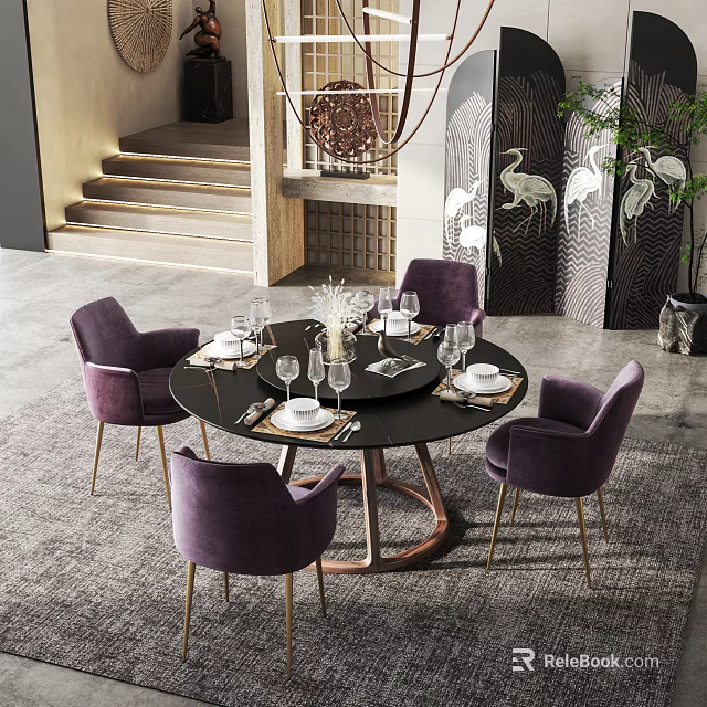 Elegant Round Black Dining Table Set With Purple Chairs Gold Legs And Table Setting 3d model 