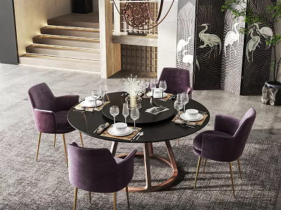 Elegant Round Black Dining Table Set With Purple Chairs Gold Legs And Table Setting 3d model