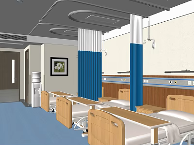 Medical Equipment in Modern Hospital Ward with Beds Curtains and Wall Mounted Outlets 3d model