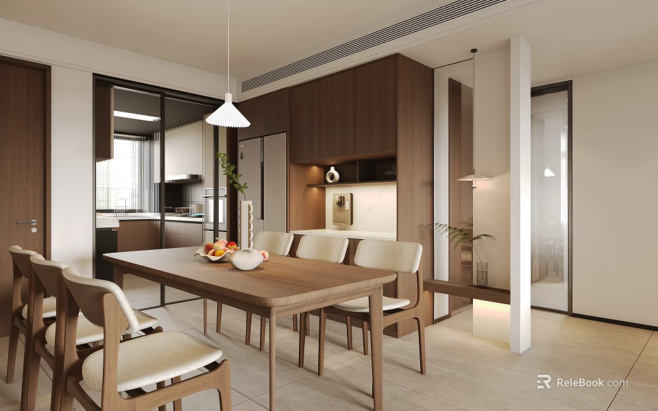 Modern Dining Room Interior With Wooden Table Chairs Pendant Lights And Green Plants 3d model 