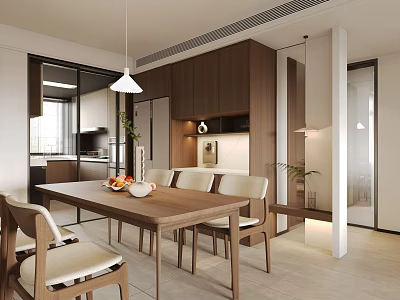 Modern Dining Room Interior With Wooden Table Chairs Pendant Lights And Green Plants 3d model