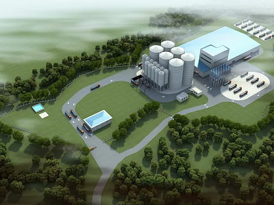 Modern Industrial Plant With Large Silos Green Surroundings And Parking Facilities 3d model