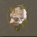 Round Mirror With Golden Frame And Green Leaf Decorations Reflecting Bedroom Bed And Nightstand
