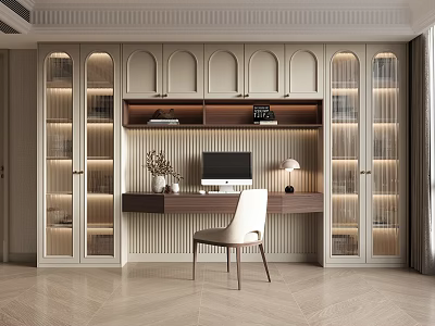 Modern Home Office Desk Featuring Built-in Bookshelves Computer Table Lamp Vase and Warm Lighting 3d model