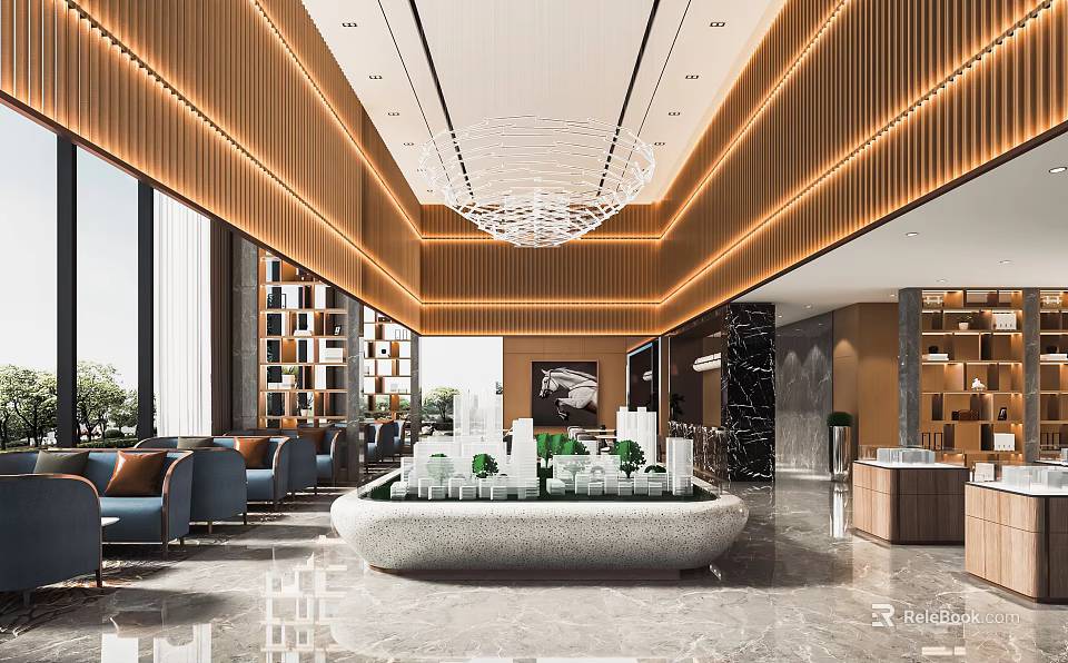 Modern Sales Office Interior With Wooden Paneling Crystal Chandelier And Marble Floor 3d model 