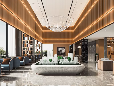 Modern Sales Office Interior With Wooden Paneling Crystal Chandelier And Marble Floor 3d model
