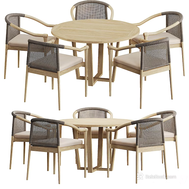 Modern Round Wooden Dining Table Set With Woven Back Cushioned Chairs 3d model