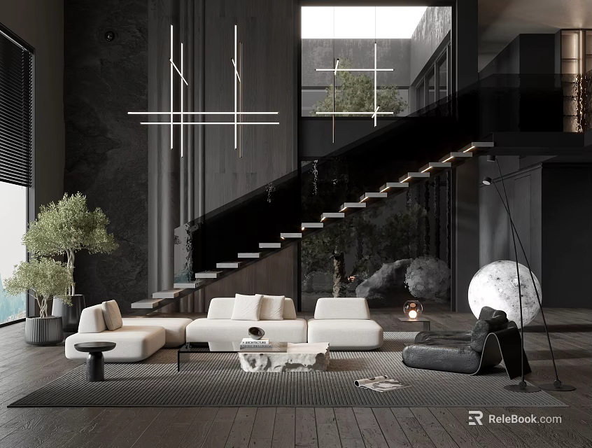 Modern Loft Living Room Interior With White Sofas Staircase And Plants 3d model 