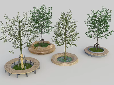 Outdoor Circular Tree Planters With Wooden Seats And Green Trees Design 3d model
