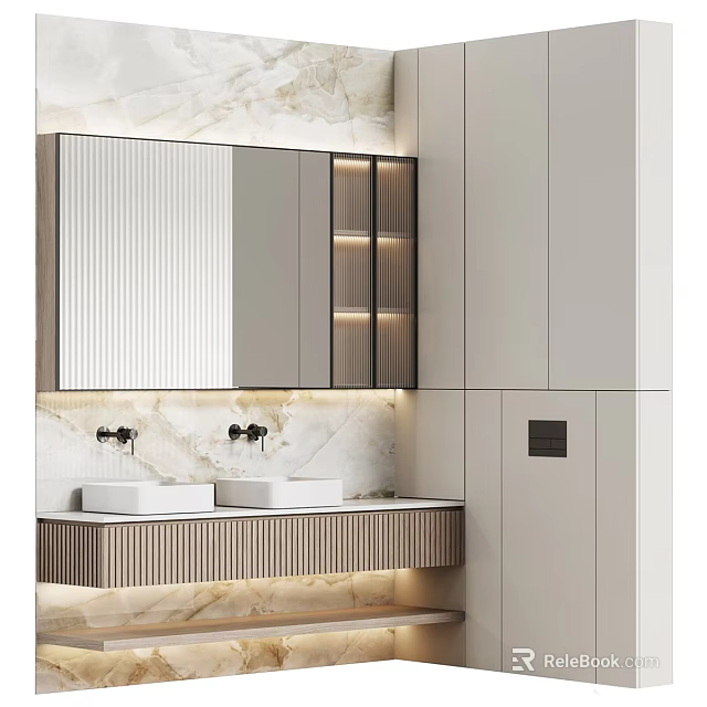 Modern Bathroom Vanity Cabinet With Double Sinks Large Mirror And Marble Backsplash 3d model 