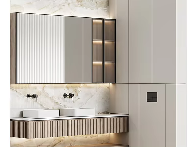 Modern Bathroom Vanity Cabinet With Double Sinks Large Mirror And Marble Backsplash 3d model