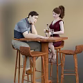 Two People At Dining Table With Wine Glass Bottle And Bar Stools 3d model
