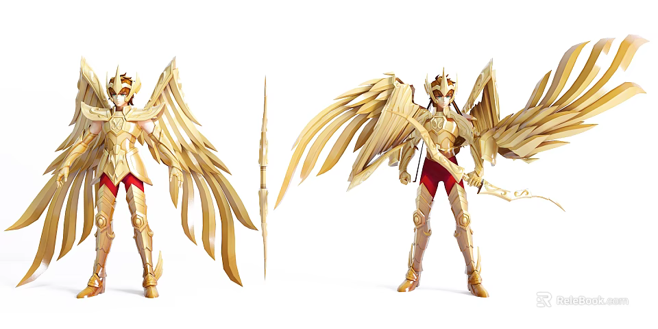 Detailed Golden Armored Game Movie Character With Large Wings And Spear 3d model 