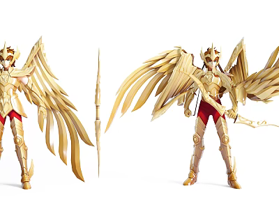 Detailed Golden Armored Game Movie Character With Large Wings And Spear 3d model