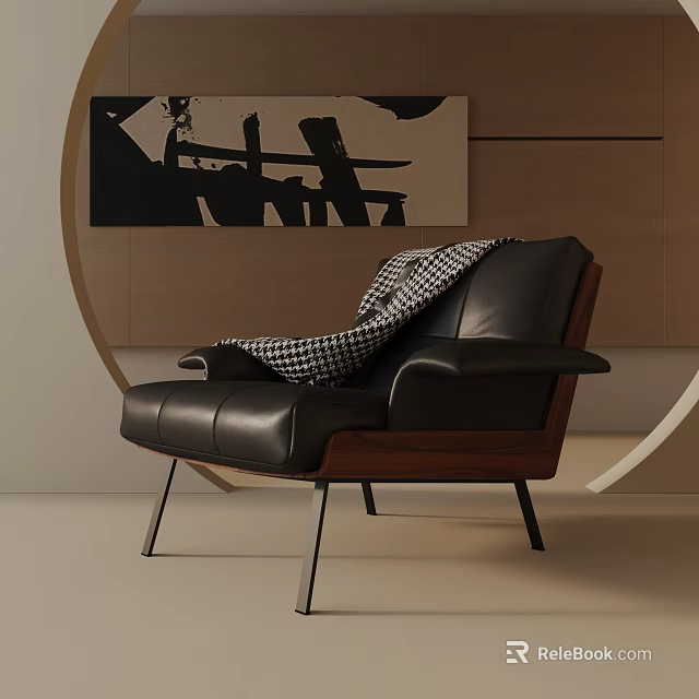 Modern Black Leather Accent Chair With Wooden Armrests And Checkered Throw Blanket 3d model 