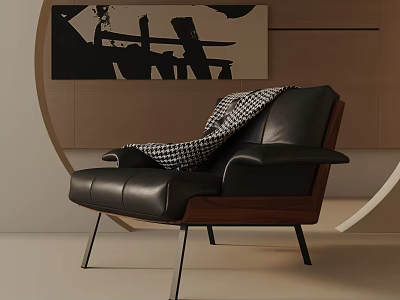 Modern Black Leather Accent Chair With Wooden Armrests And Checkered Throw Blanket 3d model