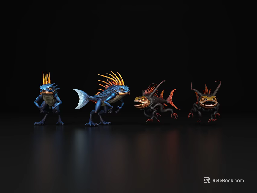 Colorful Mythical Aquatic Animals 3D Rendered with Unique Features 3d model 