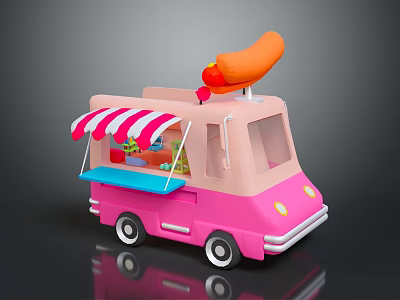 Cute Pink Toy Food Truck With Red White Striped Awning And Hot Dog On Top 3d model