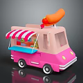 Cute Pink Toy Food Truck With Red White Striped Awning And Hot Dog On Top