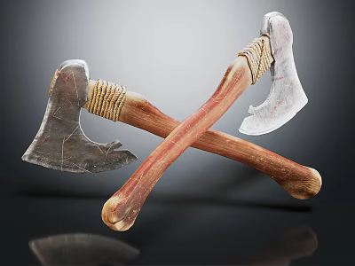 Vintage Axes with Wooden Handles and Metal Heads Crossed on Black Surface 3d model