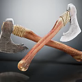 Vintage Axes with Wooden Handles and Metal Heads Crossed on Black Surface