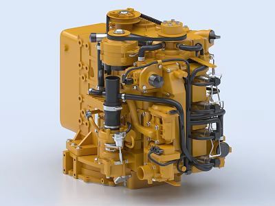 Yellow Mechanical Engine with Detailed Pipes and Metal Components Structure 3d model