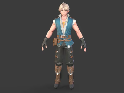 Fantasy Character With Blonde Hair Blue Vest And Mythical Creature In Adventure Scene Design 3d model