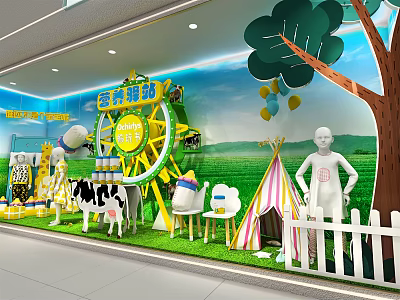 Vibrant Window Display Featuring Ferris Wheel Cow Colorful Tent Balloons Grass And White Fence 3d model
