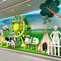 Vibrant Window Display Featuring Ferris Wheel Cow Colorful Tent Balloons Grass And White Fence