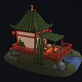 Cartoon Chinese Pavilion Scene With Green Roof Red Railings Bamboo Lanterns And Stream Stones