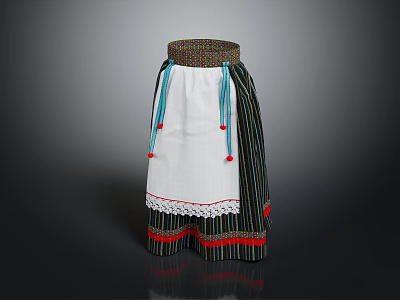 Traditional Ethnic Skirt Featuring White Body Striped Patterns Colorful Woven Waistband And Red Black Trim 3d model