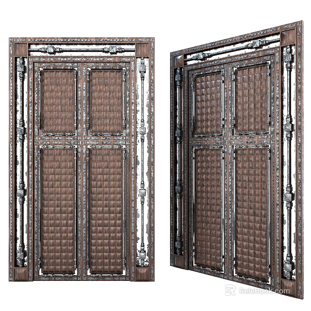 Ornate Wooden Doors Featuring Intricate Metal Frame And Panel Design 3d model 