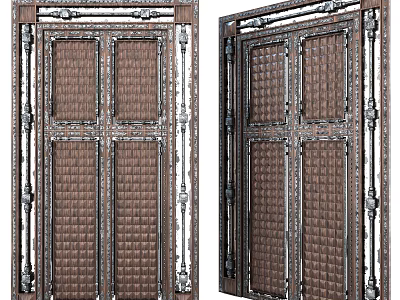 Ornate Wooden Doors Featuring Intricate Metal Frame And Panel Design 3d model