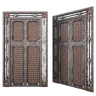 Ornate Wooden Doors Featuring Intricate Metal Frame And Panel Design 3d model