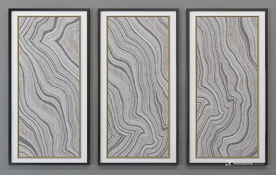 Three Framed Abstract Paintings With Wavy Gray White Patterns And Golden Accent Frames 3d model 