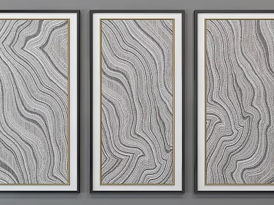 Three Framed Abstract Paintings With Wavy Gray White Patterns And Golden Accent Frames 3d model