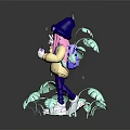 Stylish Pink Haired Character In Blue Beanie With Green Leaf Plants Bubbles And Peace Sign