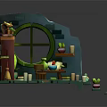 Cartoon Cozy Room With Wooden Shelf Round Window Green Vines Small Table Chair And Potted Plants