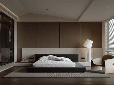 Modern Minimalist Bedroom Interior With Wooden Wall Panels Platform Bed Floor Lamp And Rug 3d model