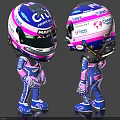 Cartoon Man in Pink and Blue Racing Suit with CIR MAGNIFI ALPINE Logos on Helmet Standing