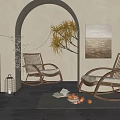 Cozy Wooden Rocking Chairs With Cushions In Room With Arched Doorway Decorative Painting And Plants